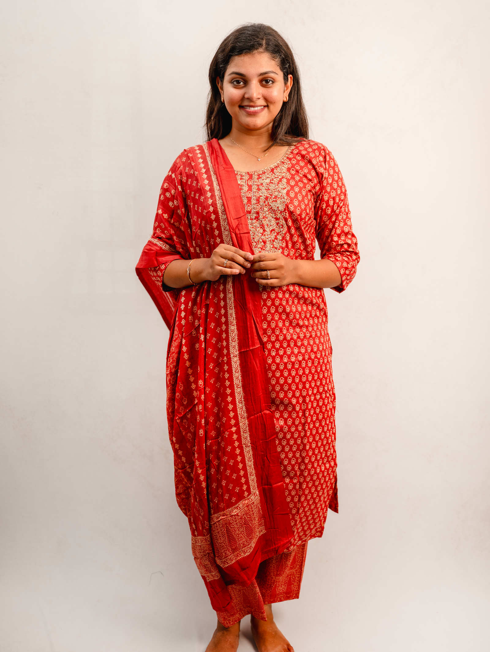 Red Printed Kurta Set with Dupatta