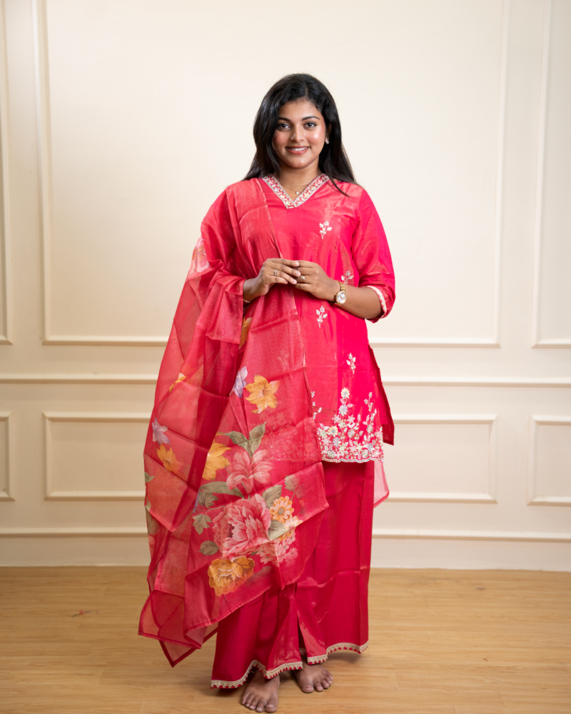 Rani Pink Chanderi Kurta Set with Floral Organza Dupatta
