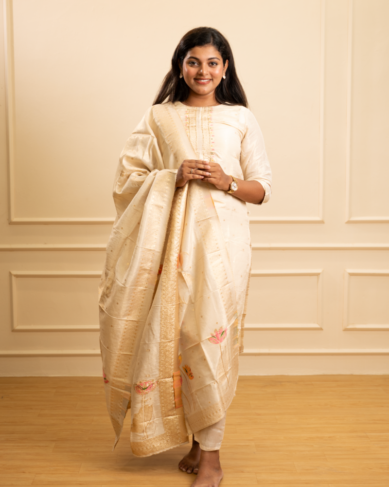 Ivory White Banarasi Silk Kurta Set with Zari Dupatta
