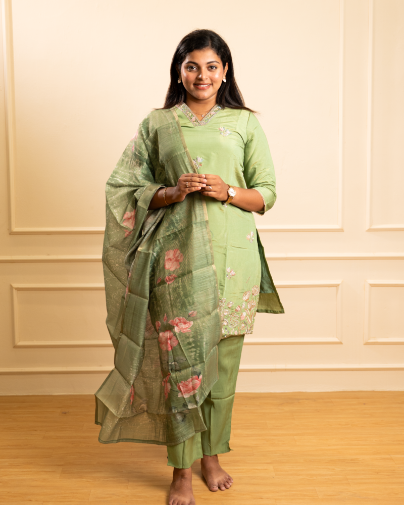 Sage Green Chanderi Kurta Set with Floral Organza Dupatta