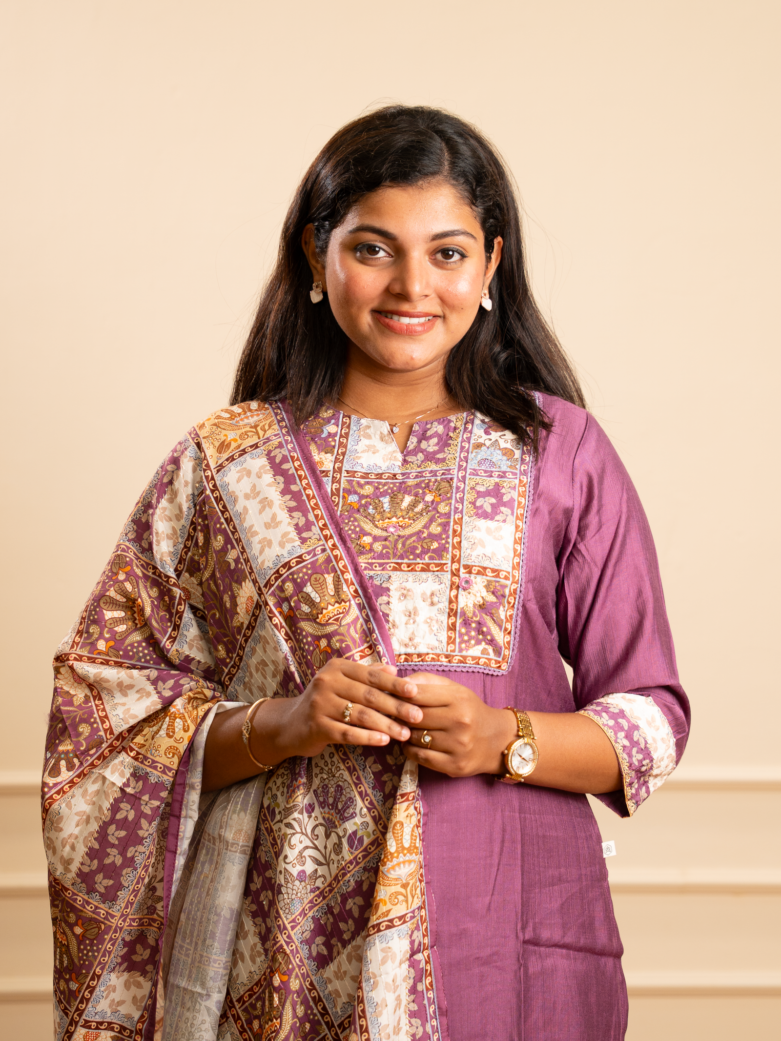 Mauve Patchwork Kurta Set with Printed Dupatta - Image 3