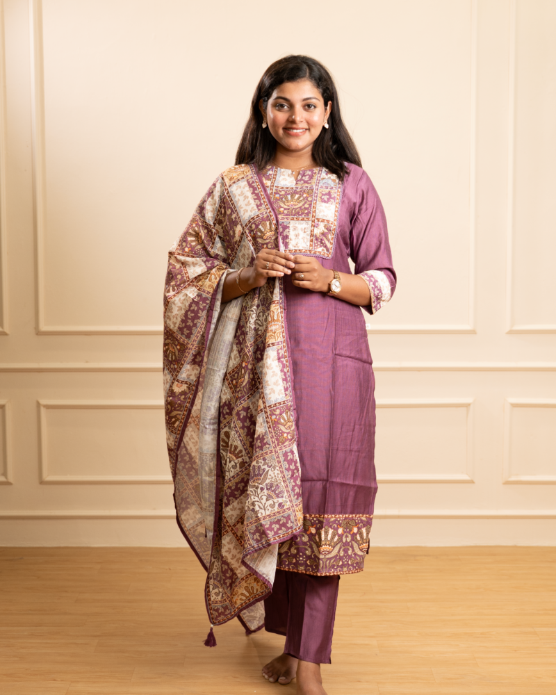 Mauve Patchwork Kurta Set with Printed Dupatta
