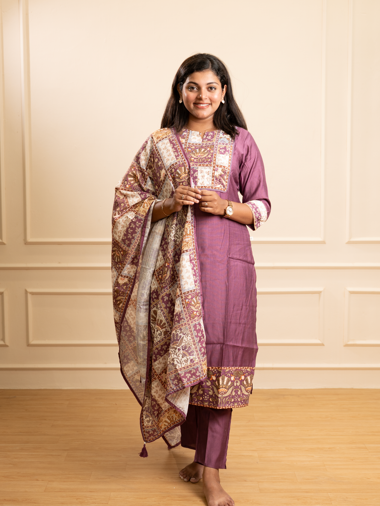 Mauve Patchwork Kurta Set with Printed Dupatta