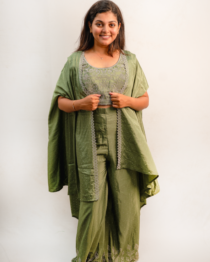 Olive Green Embroidered Indo-Western Co-ord Set with Drape Dupatta