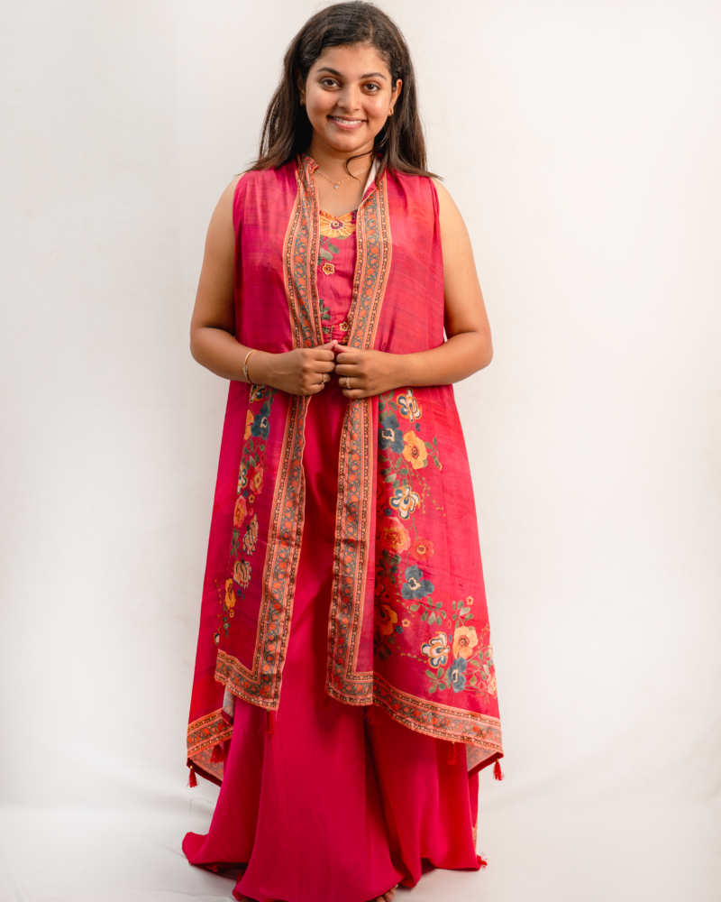 Fuchsia Pink Indo-Western Floral Printed Jacket Set with Palazzo Pants