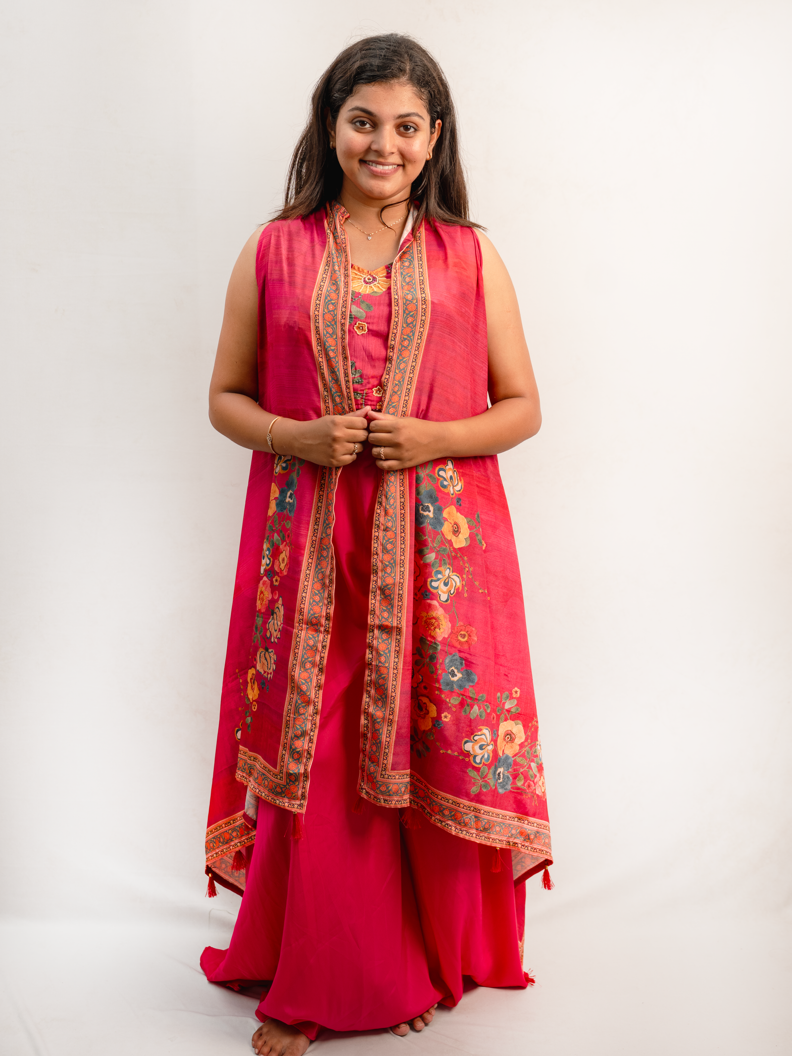 Fuchsia Pink Indo-Western Floral Printed Jacket Set with Palazzo Pants