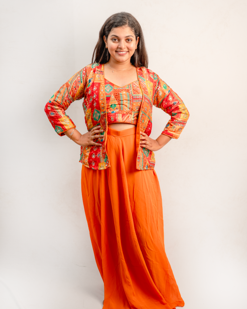 Vibrant Printed Indo-Western Crop Top & Jacket Set with Flowy Skirt
