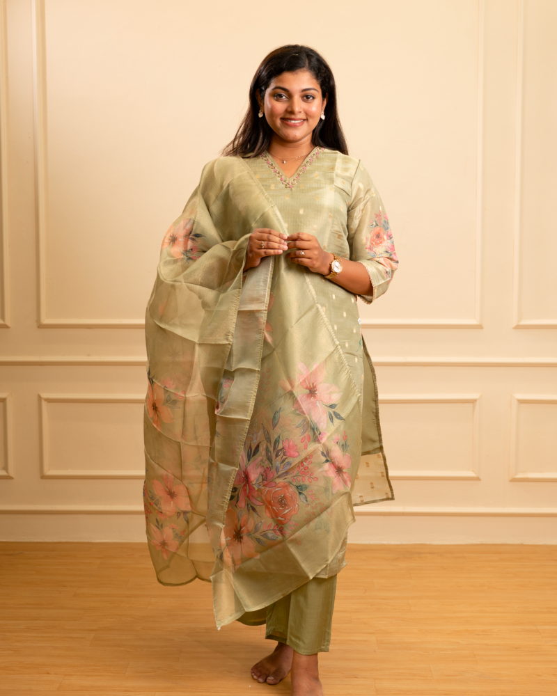 Olive Green Floral Organza Kurta Set with Sheer Dupatta