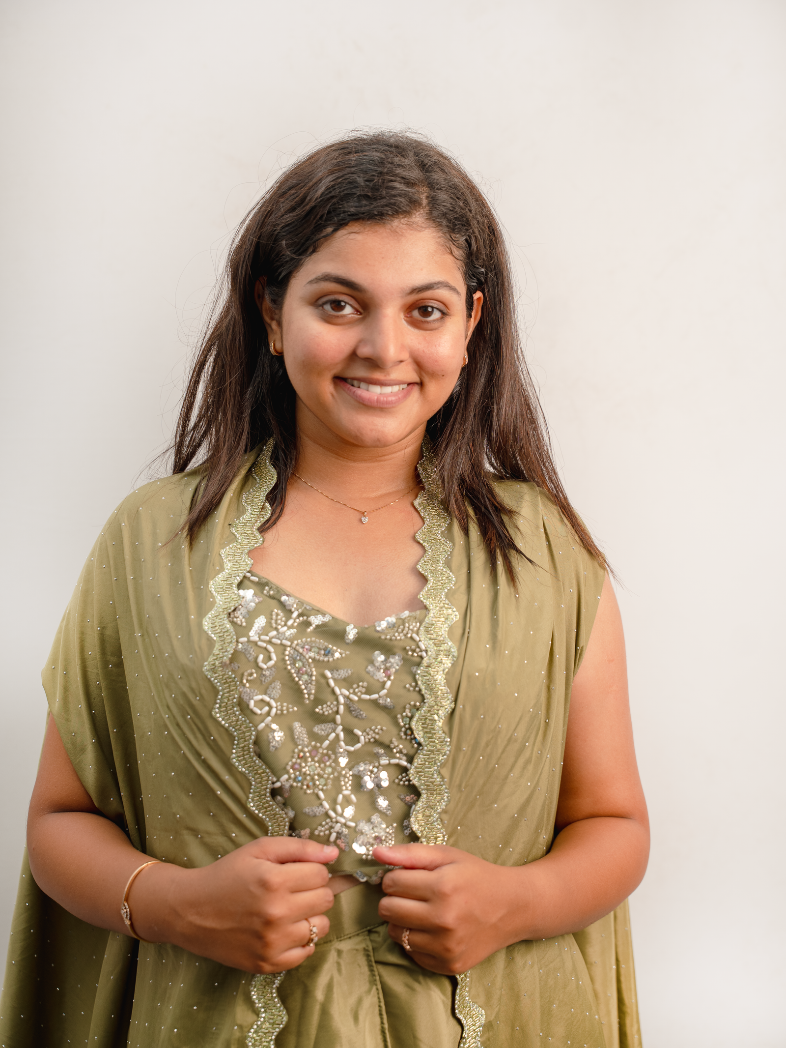 Olive Green Indo-Western Embroidered Cape Set with Draped Skirt - Image 3