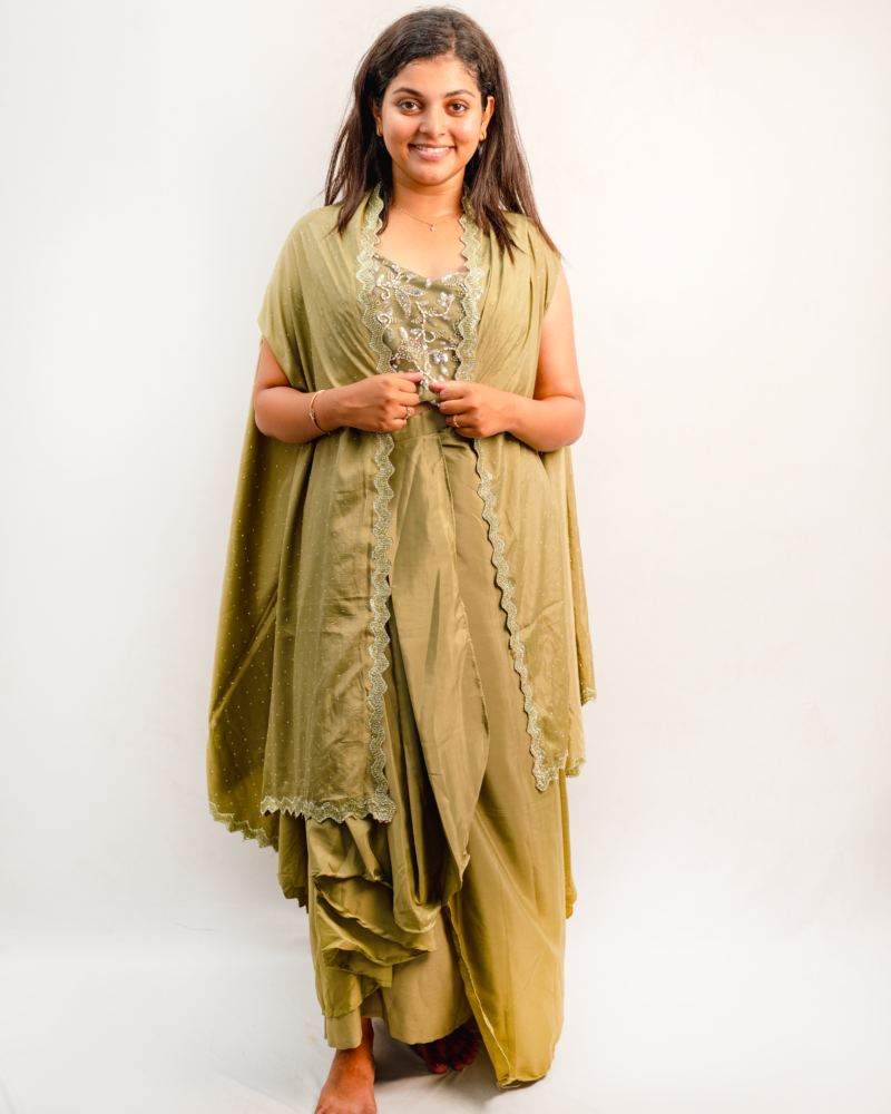 Olive Green Indo-Western Embroidered Cape Set with Draped Skirt