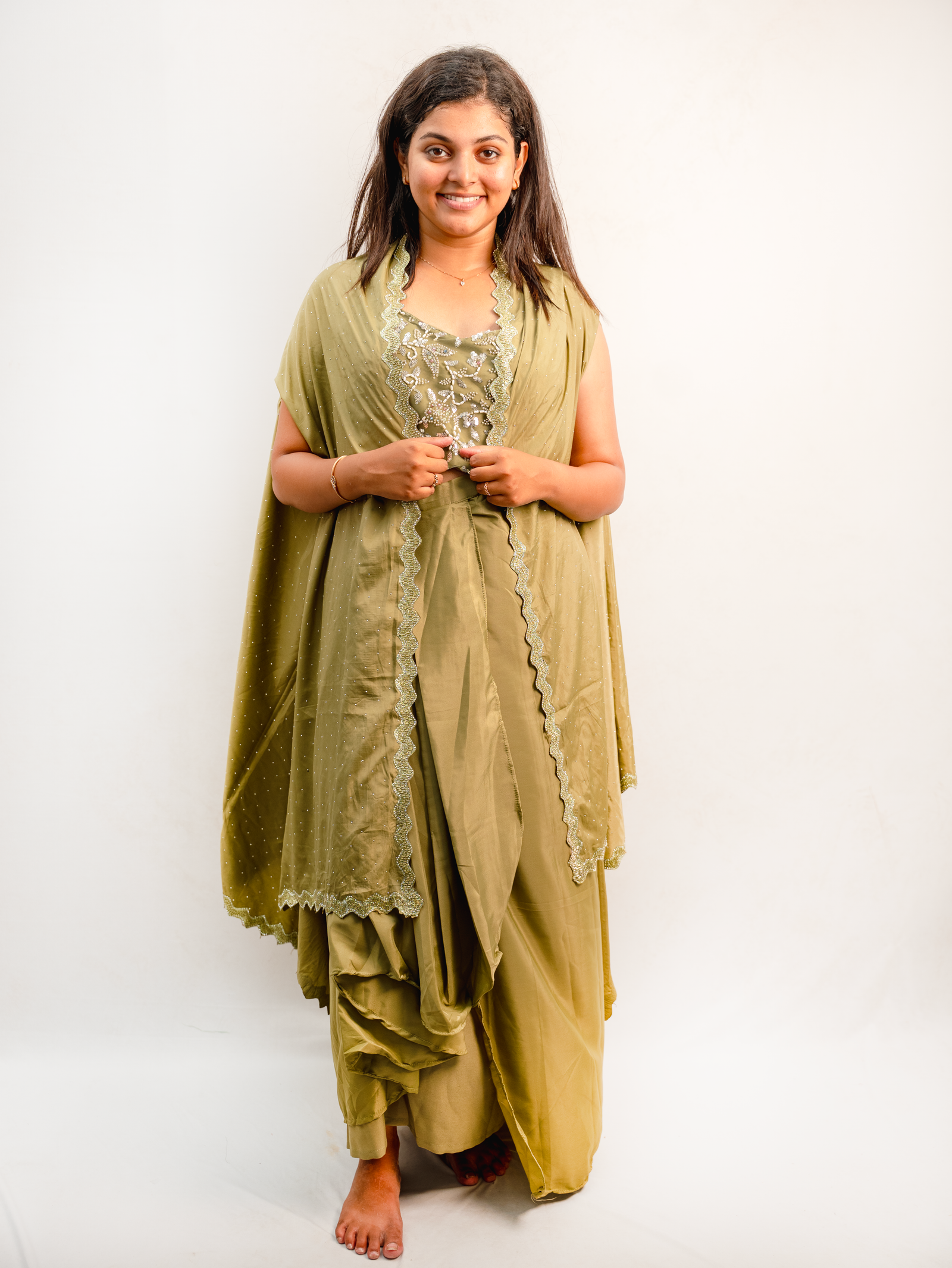 Olive Green Indo-Western Embroidered Cape Set with Draped Skirt