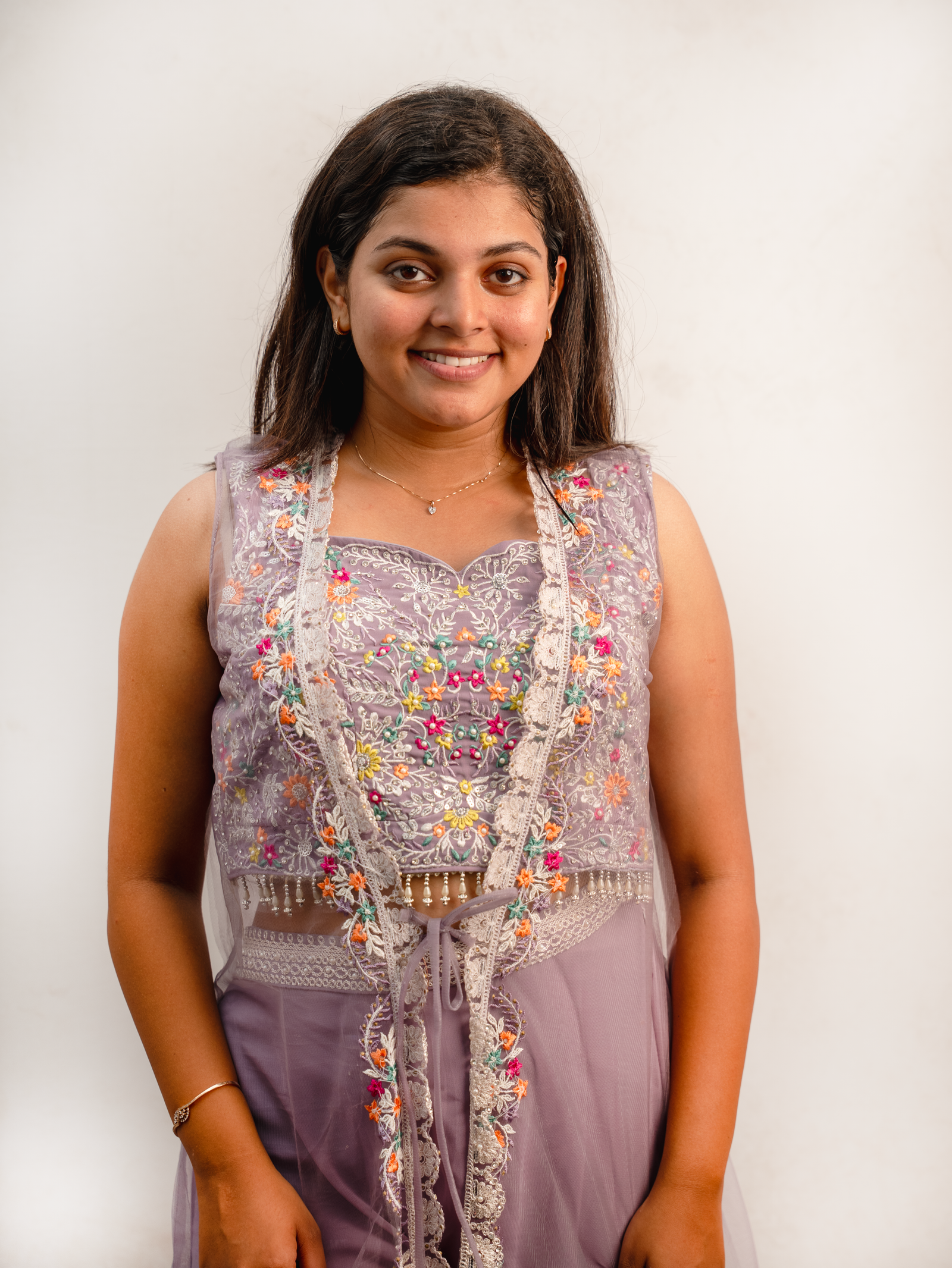 Dusty Lavender Indo-Western Embroidered Crop Top Set with Sheer Cape - Image 3