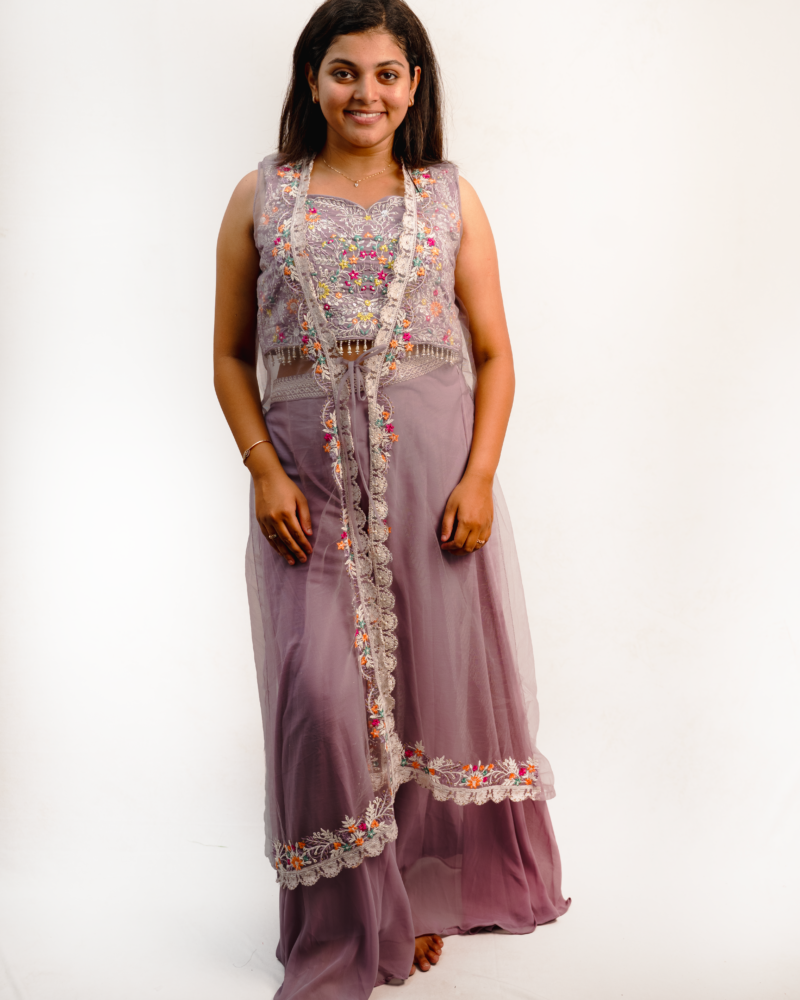Dusty Lavender Indo-Western Embroidered Crop Top Set with Sheer Cape