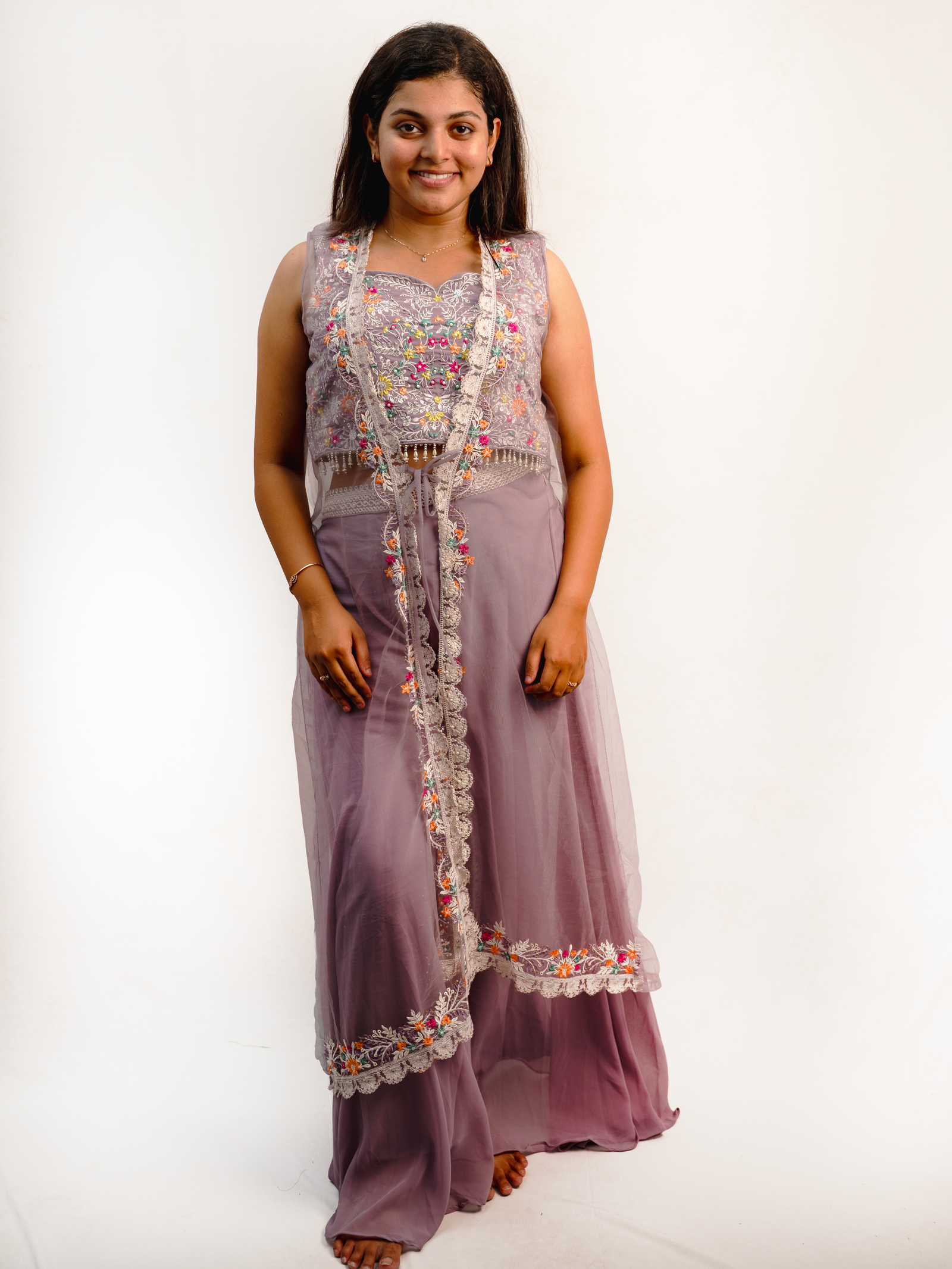 Dusty Lavender Indo-Western Embroidered Crop Top Set with Sheer Cape