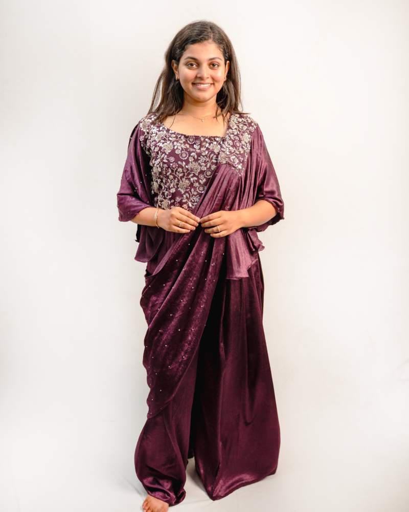 Wine Purple Indo-Western Embroidered Top with Draped Dhoti Pants Set