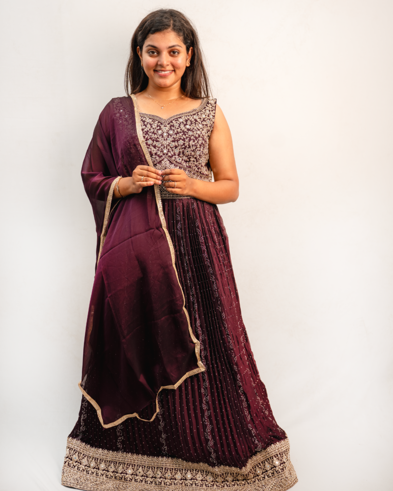Wine Maroon Embroidered Lehenga Set with Dupatta