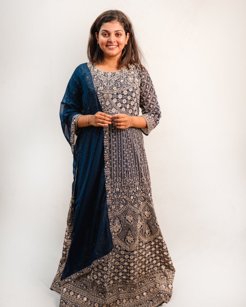 Midnight Blue Heavy Embroidered Anarkali Lehenga Set with Dupatta