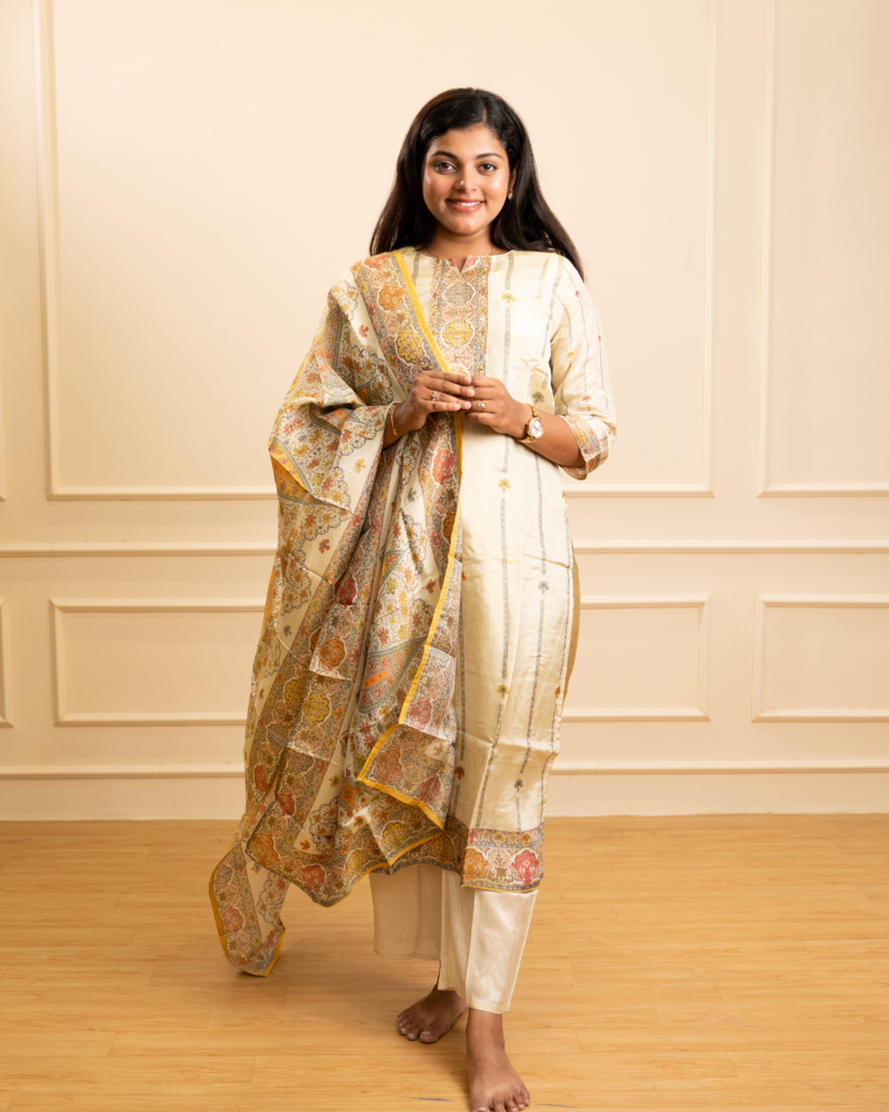 Ivory Ethnic Printed Kurta Set with Intricate Dupatta