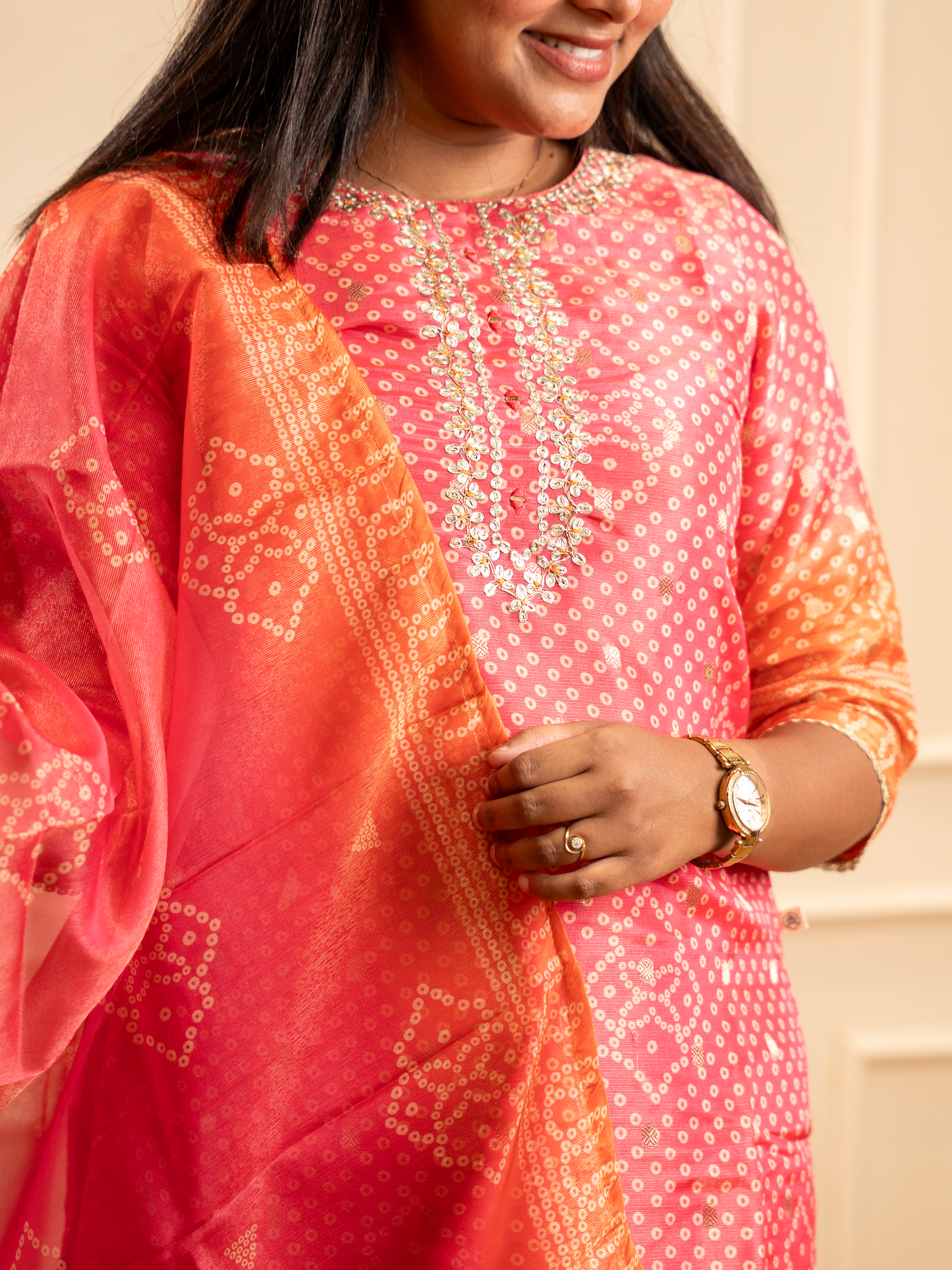 Coral Bandhani Printed Kurta Set with Sheer Dupatta - Image 3