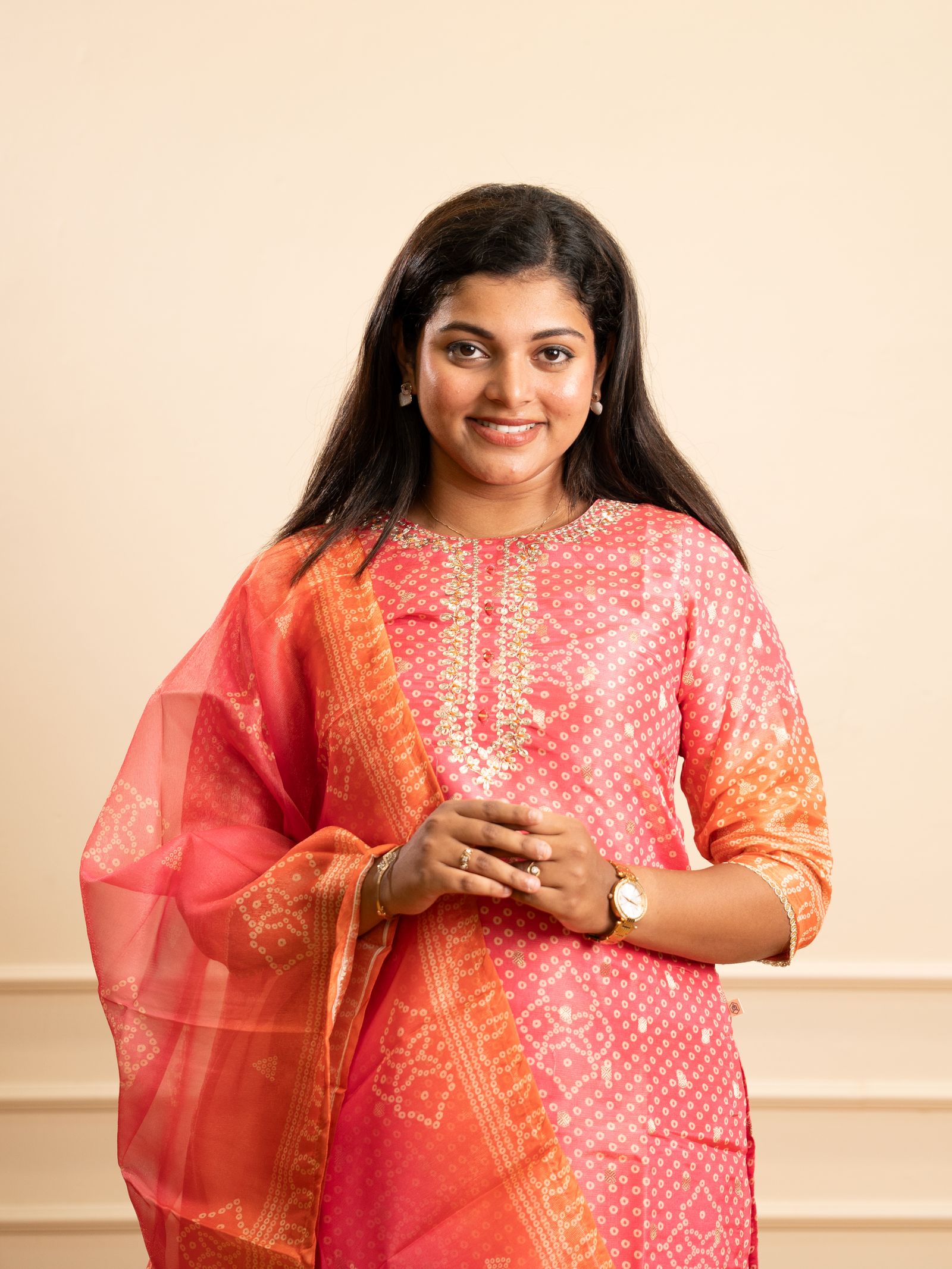 Coral Bandhani Printed Kurta Set with Sheer Dupatta - Image 2