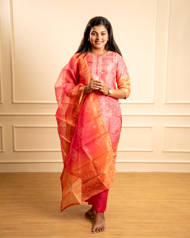 Coral Bandhani Printed Kurta Set with Sheer Dupatta