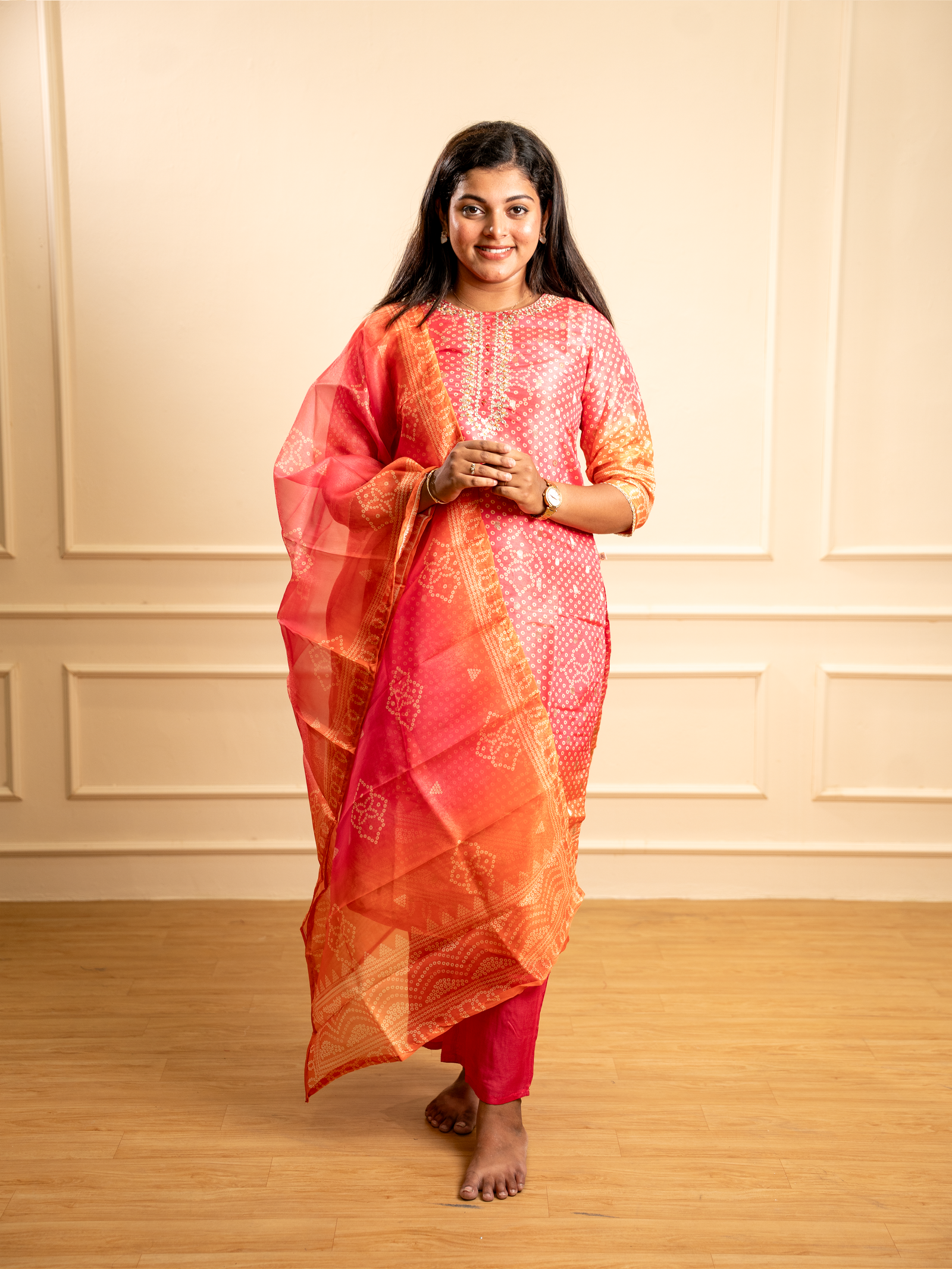 Coral Bandhani Printed Kurta Set with Sheer Dupatta