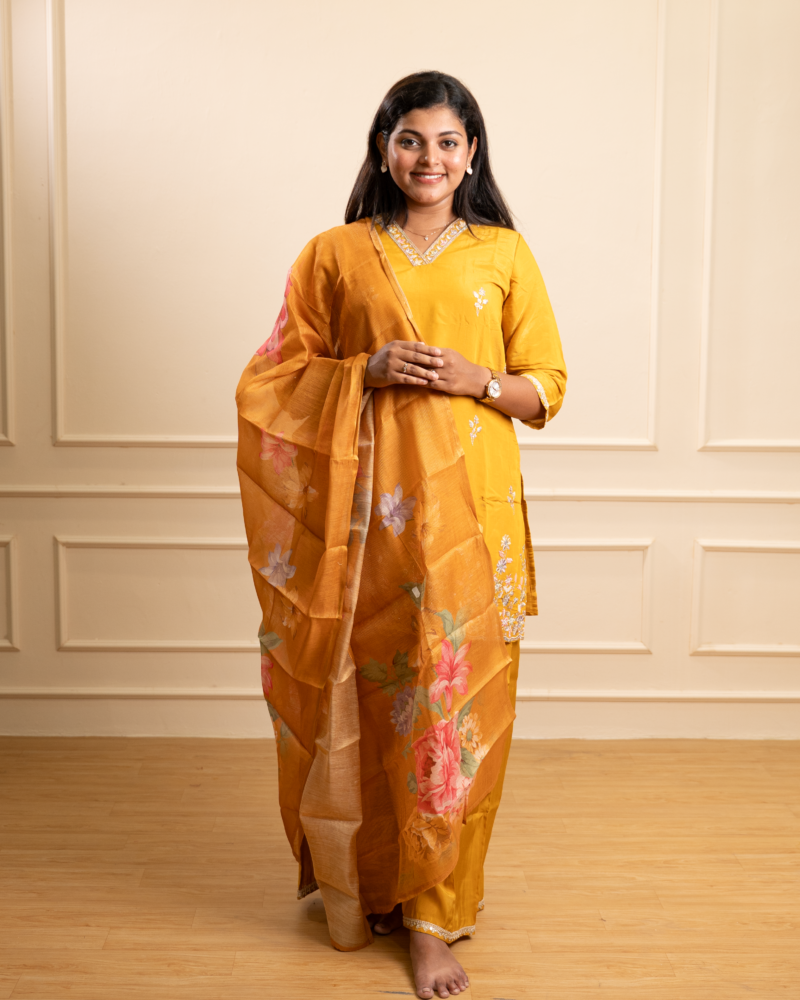 Mustard Yellow Kurta Set with Floral Organza Dupatta