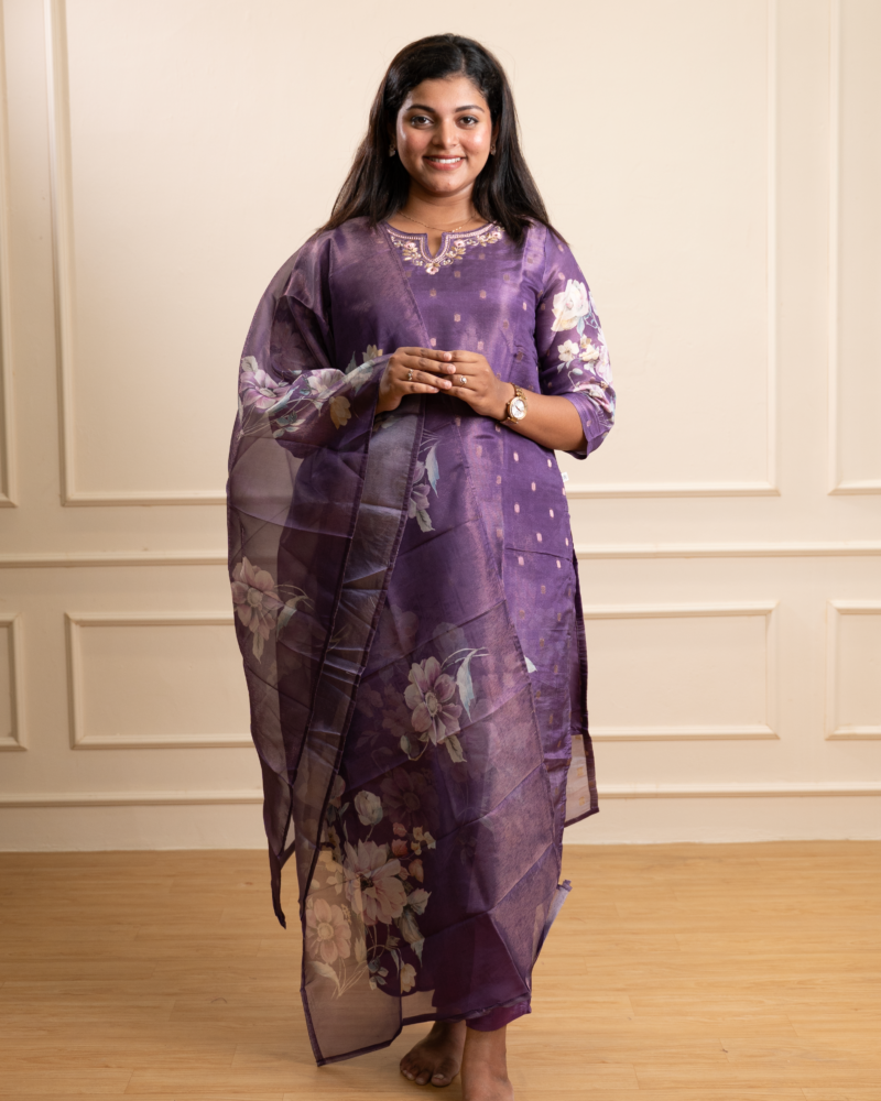 Lavender Floral Organza Kurta Set with Sheer Dupatta