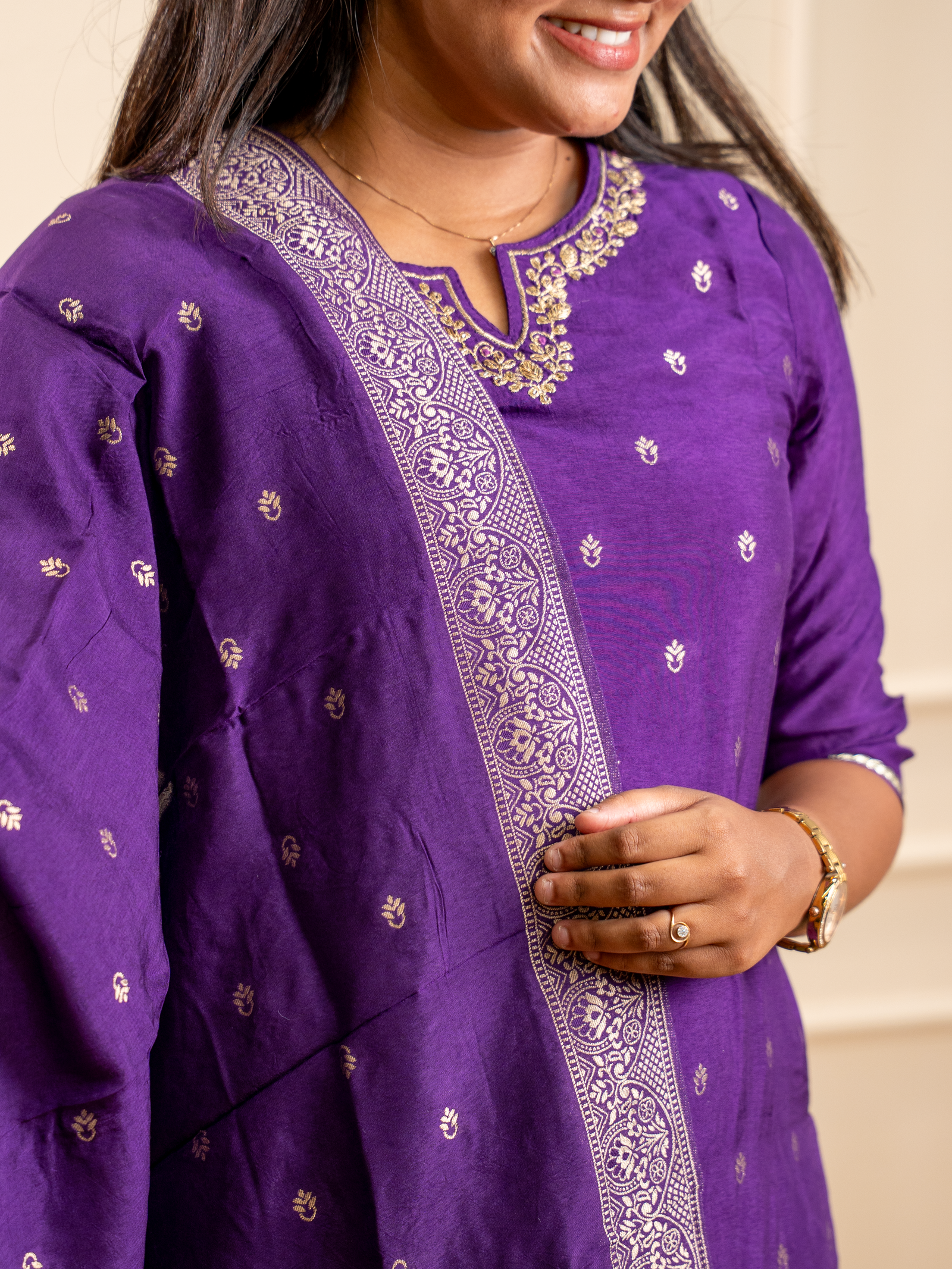 Royal Purple Silk Kurta Set with Zari Banarasi Dupatta - Image 2