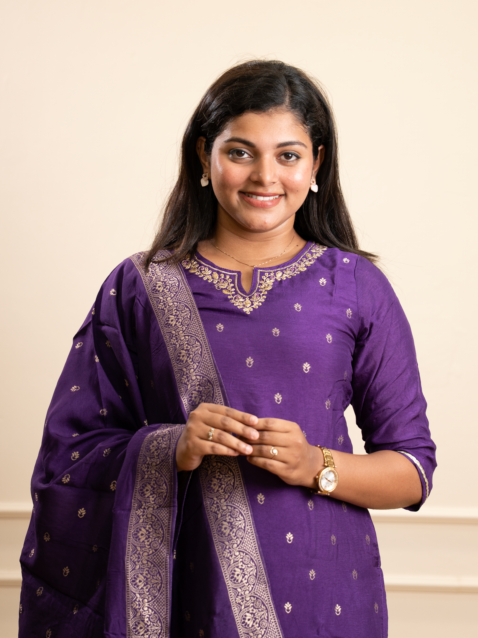 Royal Purple Silk Kurta Set with Zari Banarasi Dupatta - Image 3