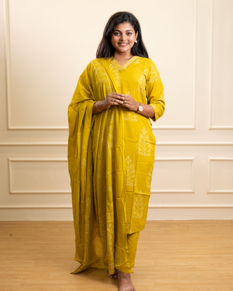 Mustard Yellow Self-Checked Kurta Set with Matching Dupatta