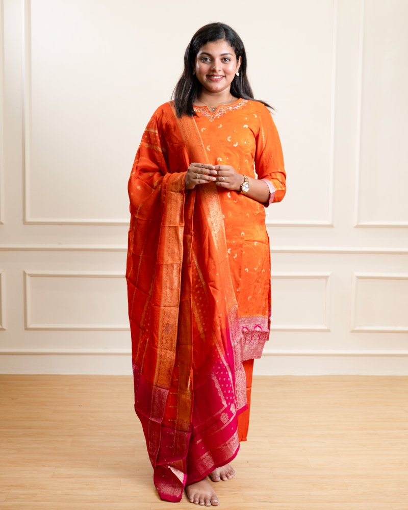 Festive Orange and Rani Pink Chanderi Silk Kurta Set