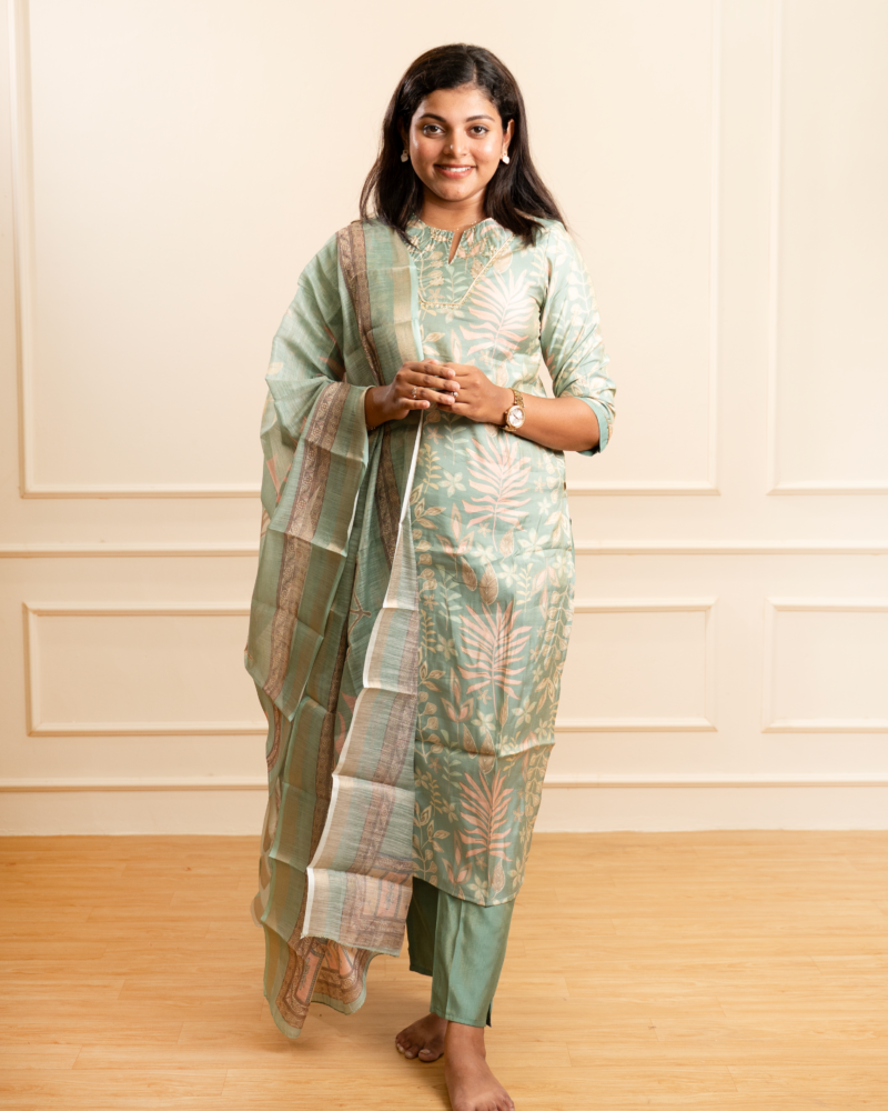 Seafoam Green Tropical Leaf Print Kurta Set