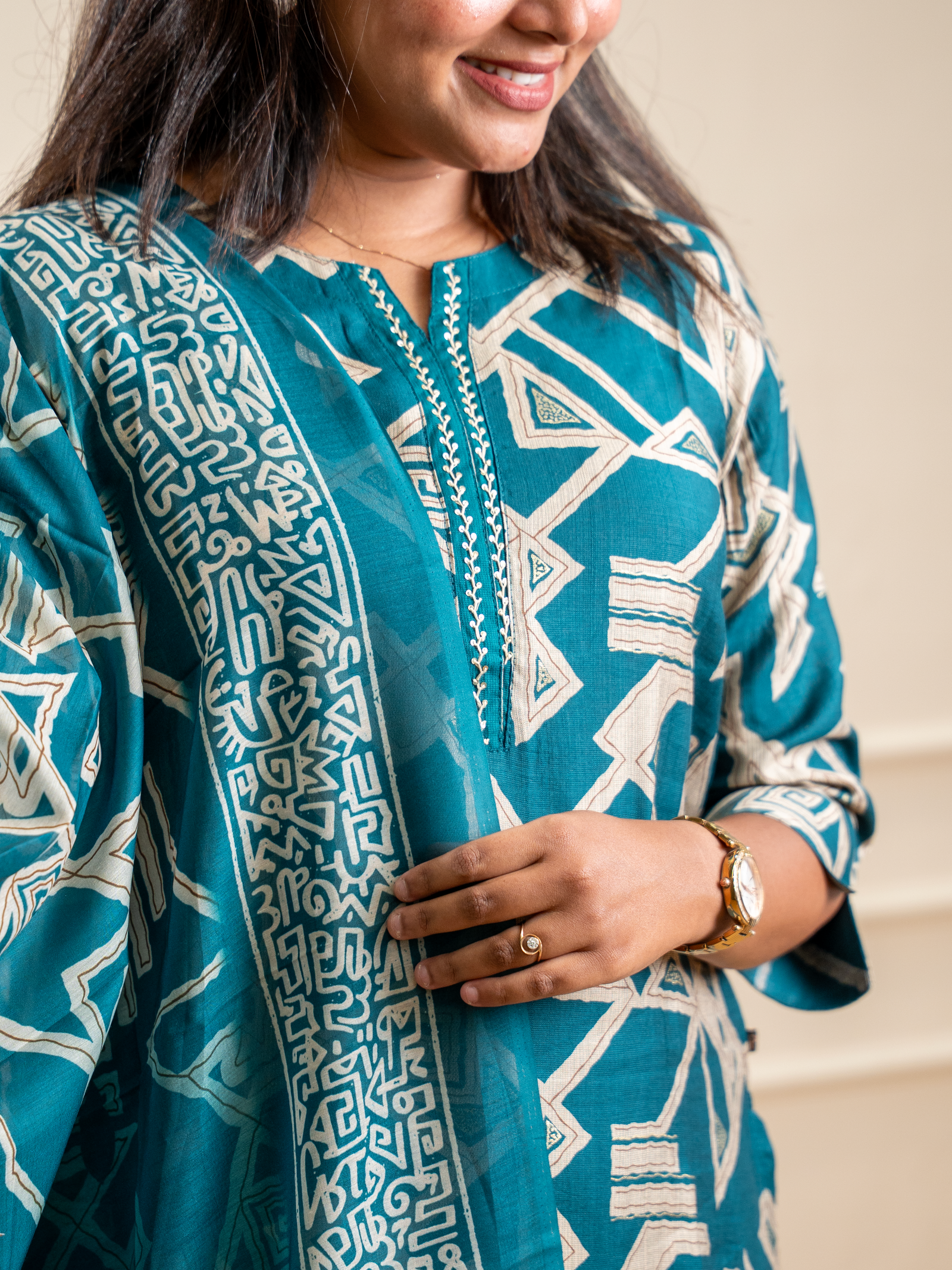 Teal Blue Geometric Abstract Print Kurta Set - Image 2
