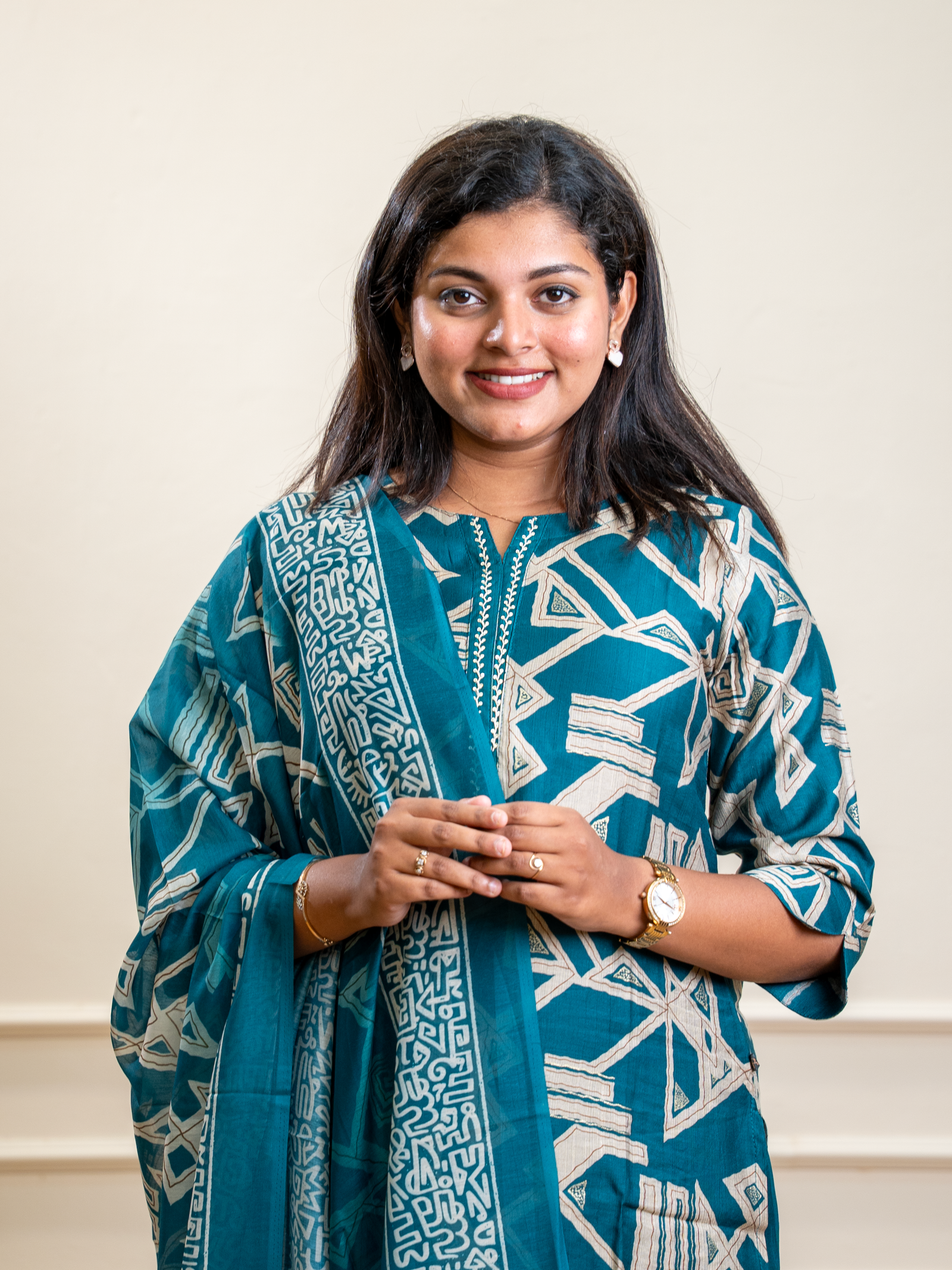 Teal Blue Geometric Abstract Print Kurta Set - Image 3