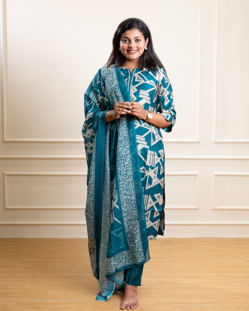Teal Blue Geometric Abstract Print Kurta Set