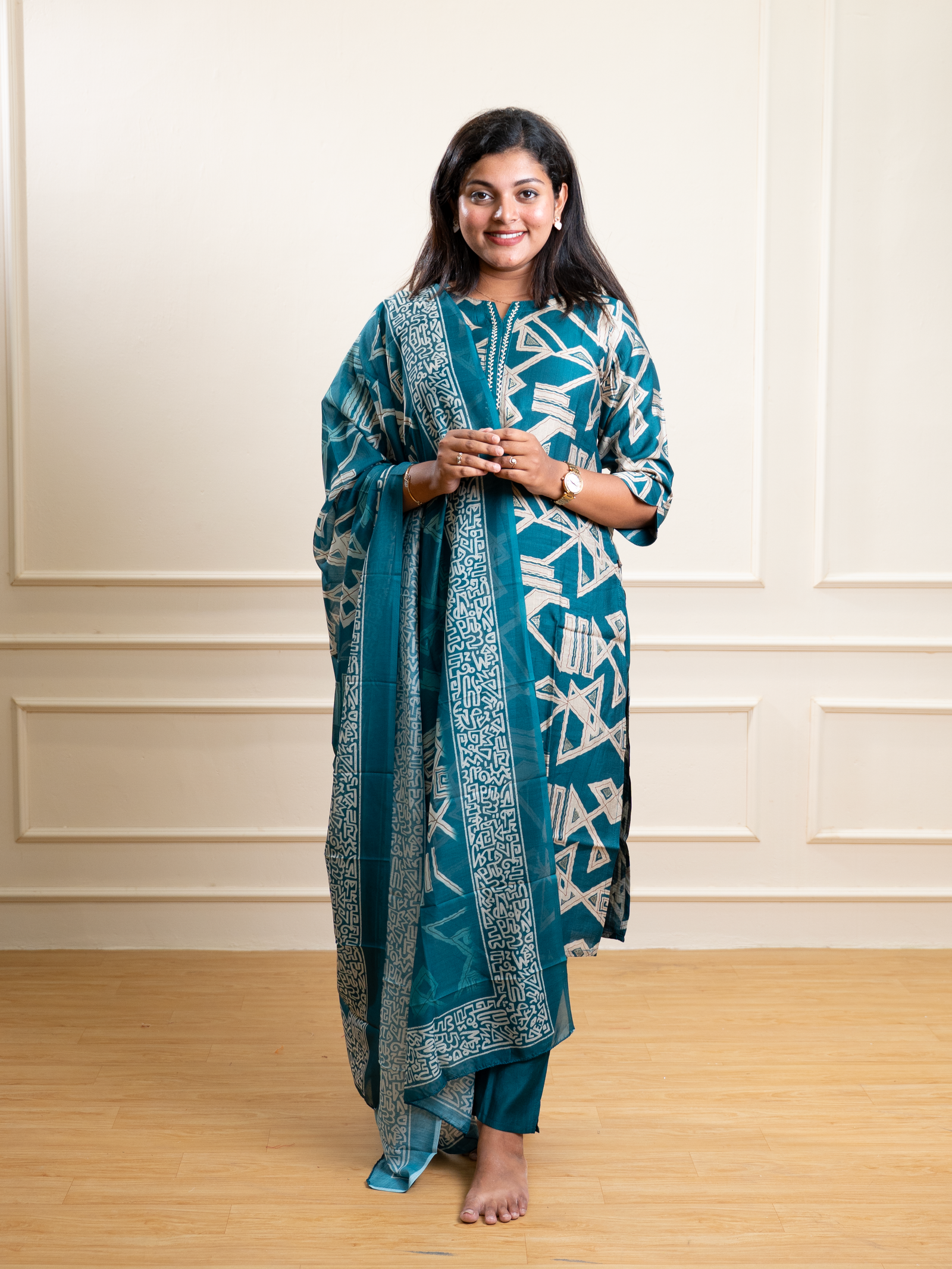 Teal Blue Geometric Abstract Print Kurta Set