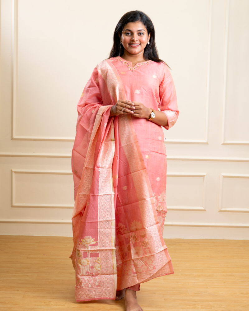Peach Coral Banarasi Kurta Set with Lotus Motif Dupatta