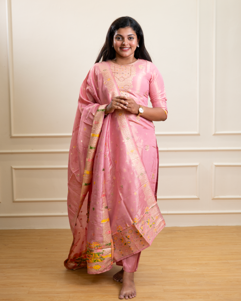 Blush Pink Chanderi Silk Kurta Set with Banarasi Dupatta