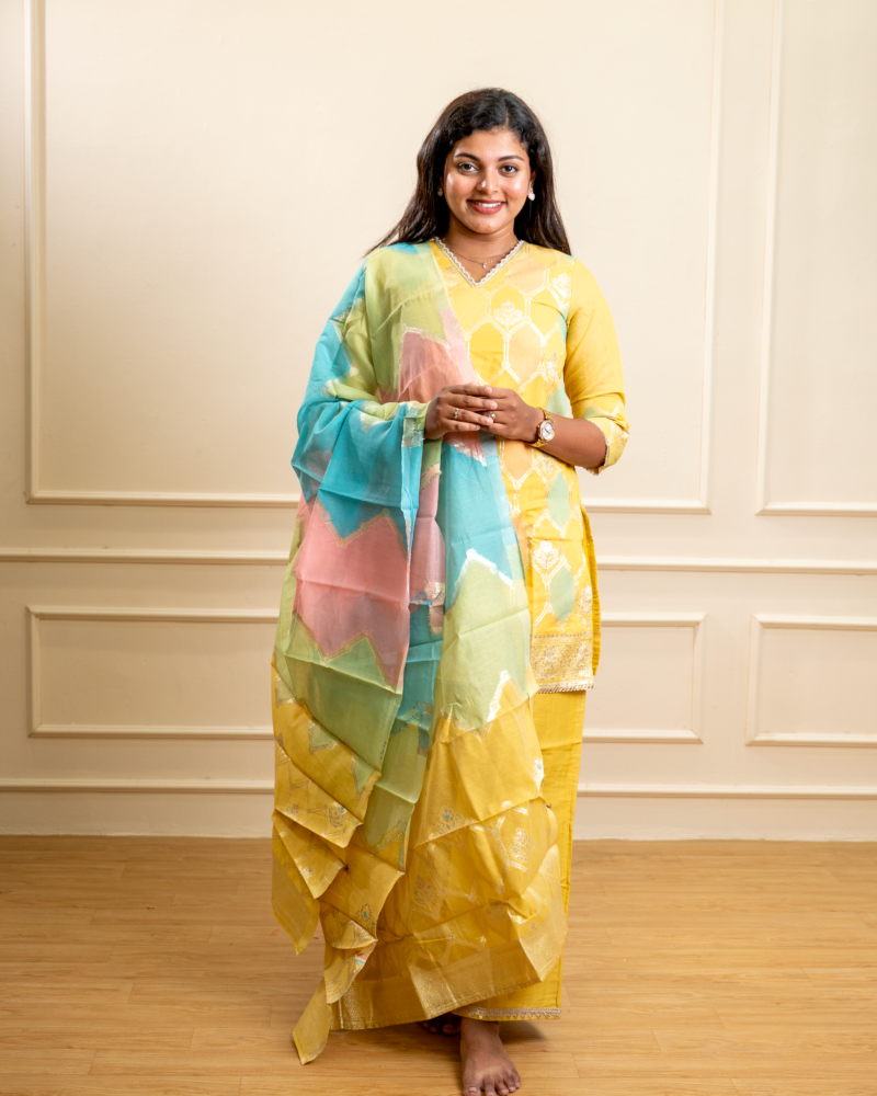 Canary Yellow Silk Kurta Set with Multi-Color Leheriya Dupatta
