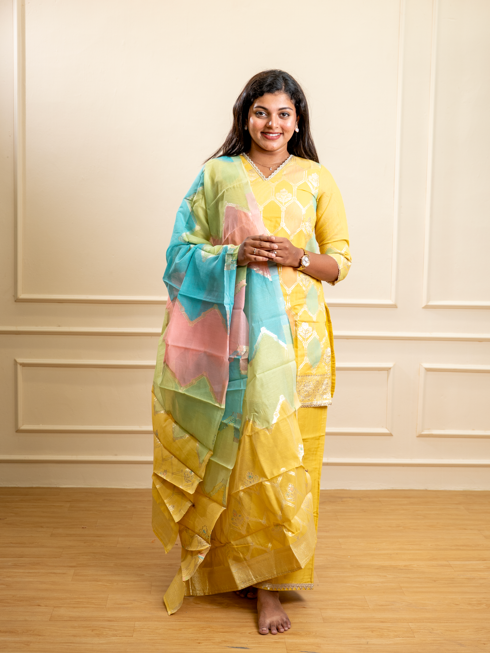 Canary Yellow Silk Kurta Set with Multi-Color Leheriya Dupatta