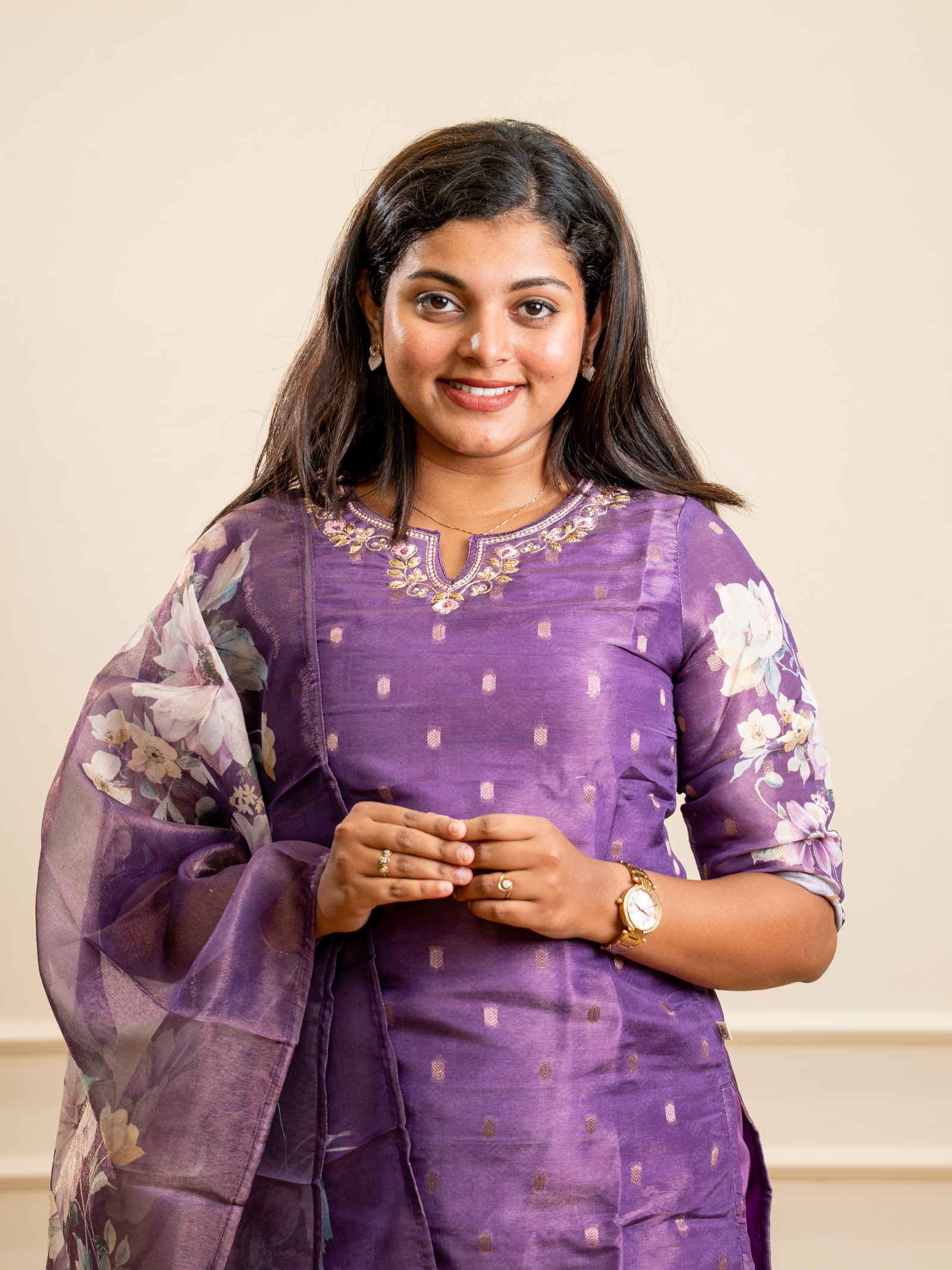 Radiant Purple Chanderi Kurta Set with Floral Organza Dupatta - Image 2