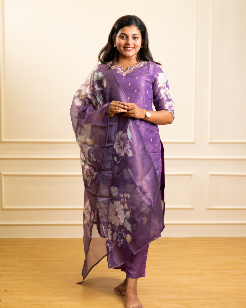 Radiant Purple Chanderi Kurta Set with Floral Organza Dupatta