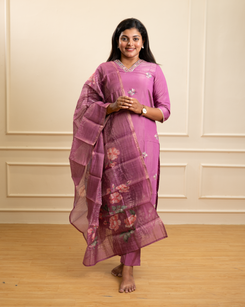 Orchid Pink Silk Kurta Set with Botanical Print Dupatta