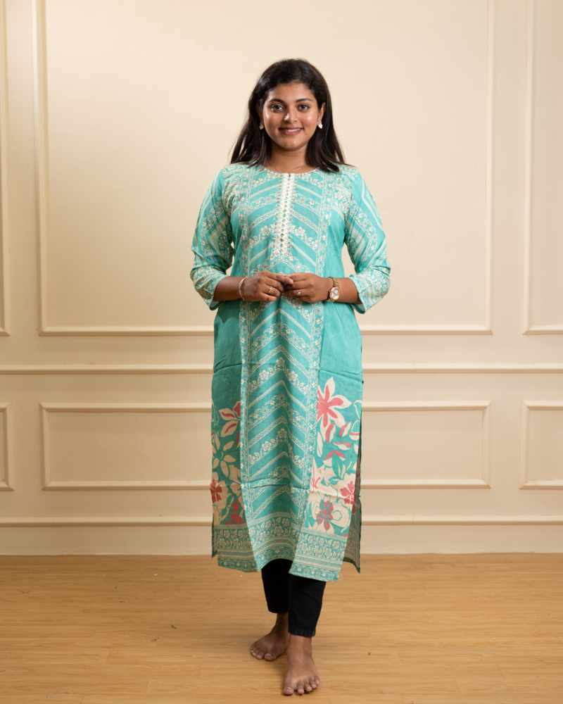 Turquoise Blue Printed Straight Kurta with Floral Border