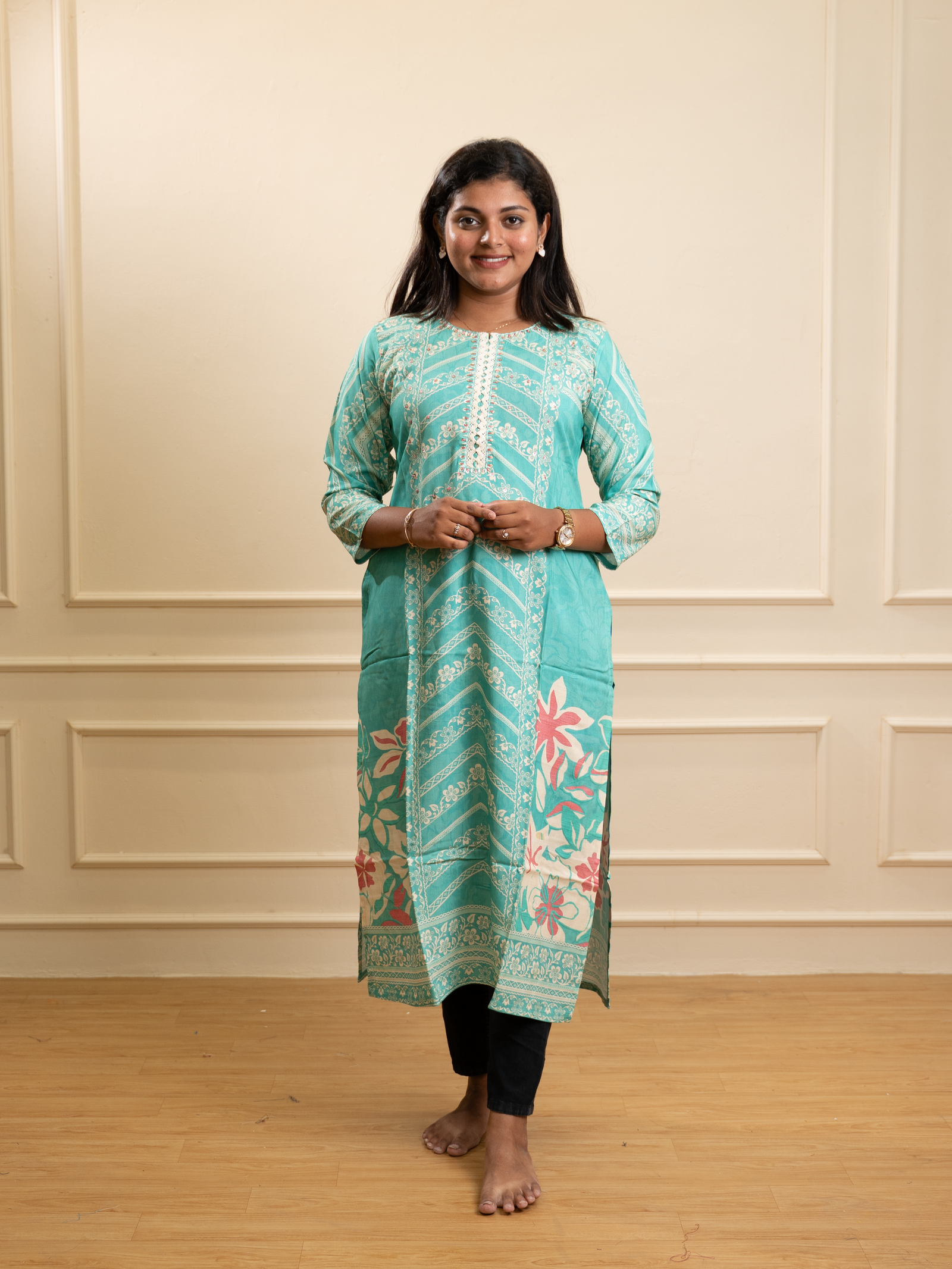 Turquoise Blue Printed Straight Kurta with Floral Border