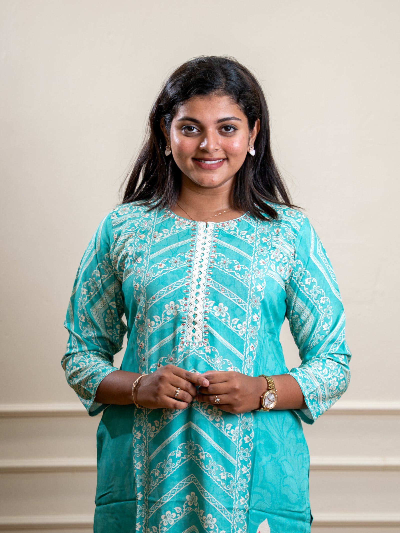 Turquoise Blue Printed Straight Kurta with Floral Border - Image 3
