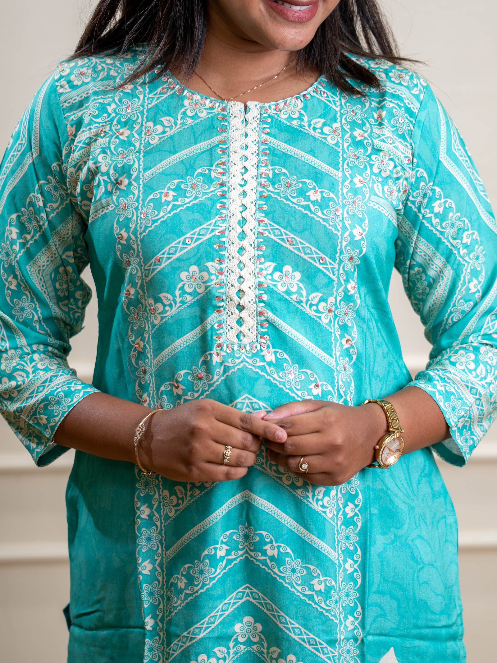Turquoise Blue Printed Straight Kurta with Floral Border - Image 2