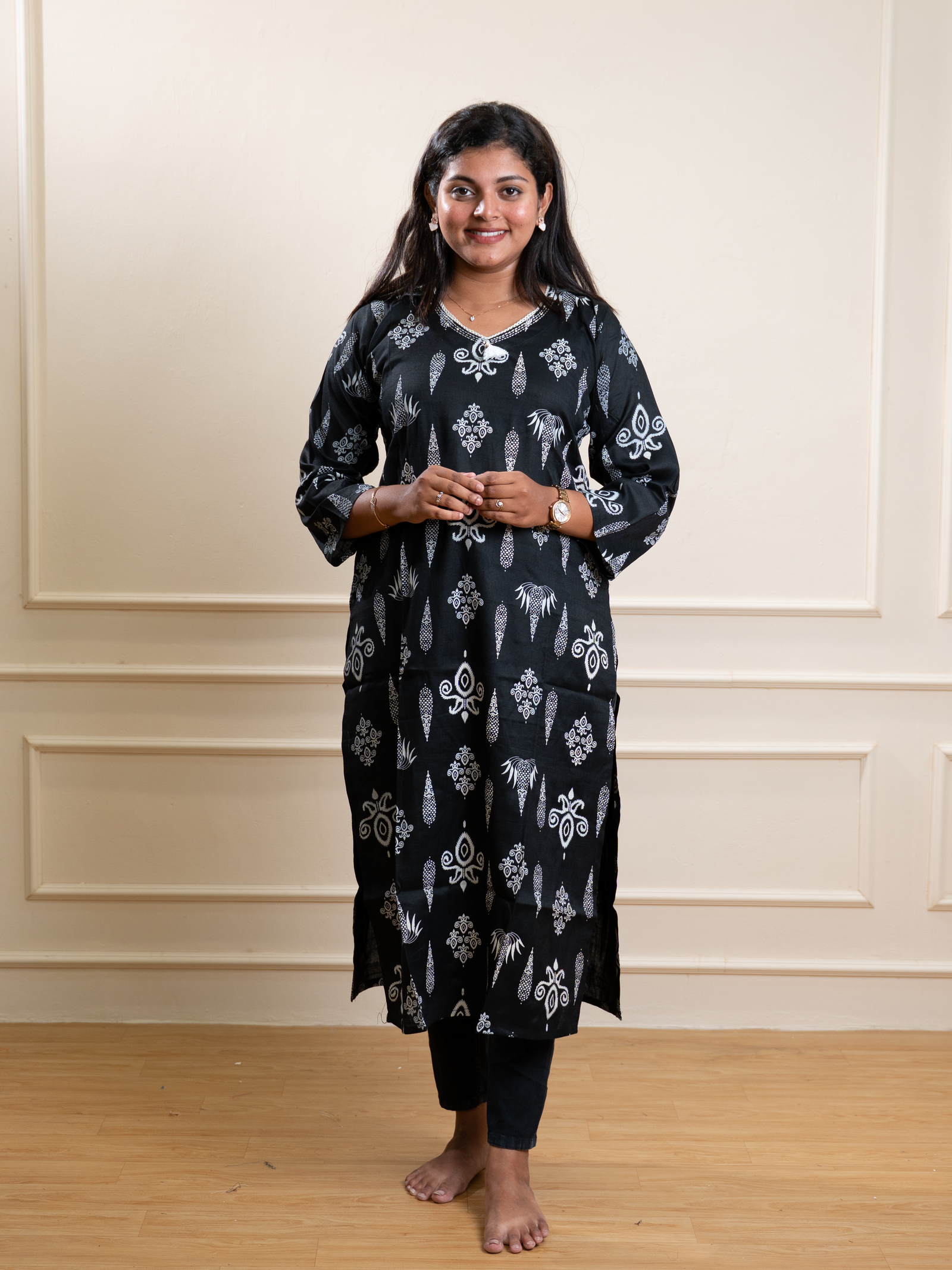 Black and Silver Foil Ikat Motif Kurta