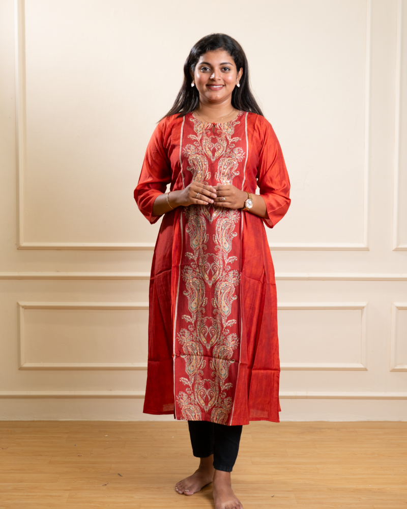 Rust Orange Embroidered Paisley A-Line Kurta